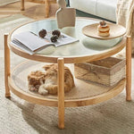 Modern Minimalist Round Horizontal Strip Glass Rattan Wooden Coffee Table 2-Tier For Living Room