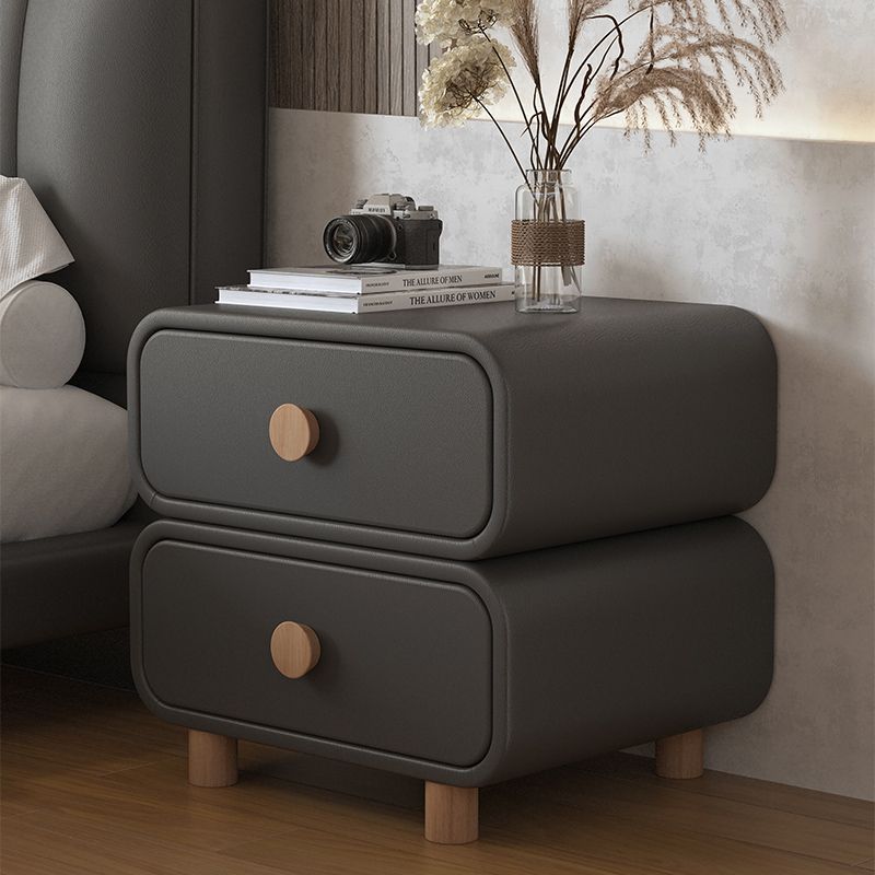 Contemporary Scandinavian Square Tabletop Solid Wood Microfiber Leather Stainless Steel Nightstand 2-Drawer For Bedroom