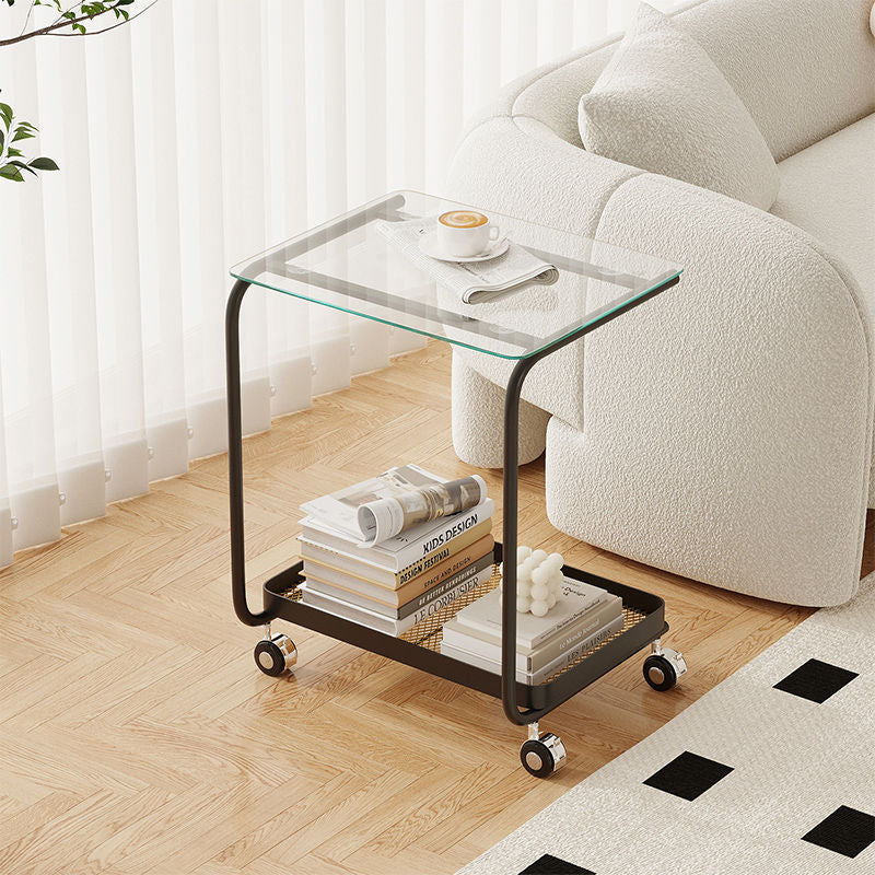 Contemporary Scandinavian C-Shaped Tempered Glass Top End Table 2-Tier Casters For Living Room