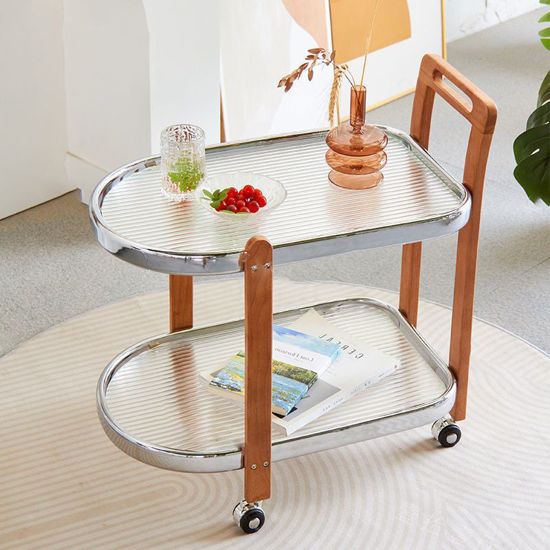 Traditional Japanese Removable Oval Wooden Stainless Steel Glass End Table 2-Tier For Living Room