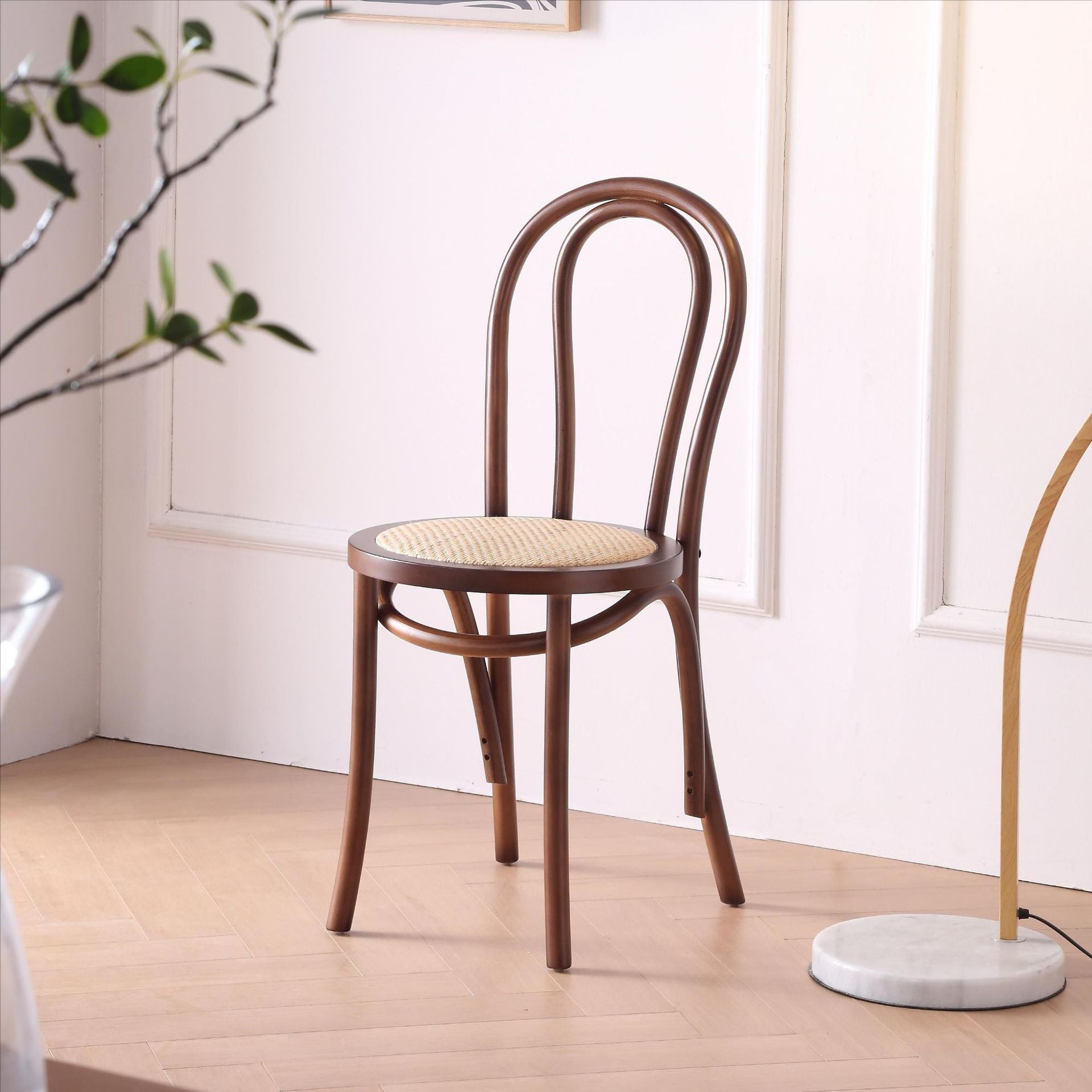 Contemporary Retro Rattan Beech Wood Metal Round Arched Dining Chair Backrest For Dining Room