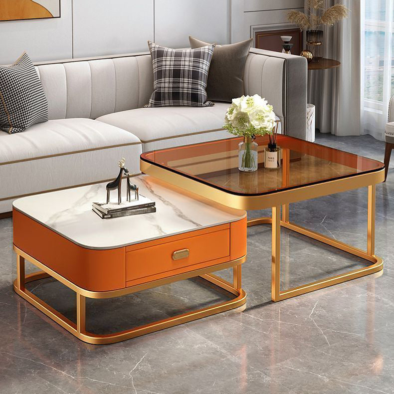 Modern Luxury Square Glass Top Nesting Coffee Table Drawer For Living Room