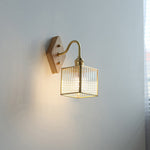 Traditional Vintage Square Copper Glass Wood 1-Light Wall Sconce Lamp For Bedroom