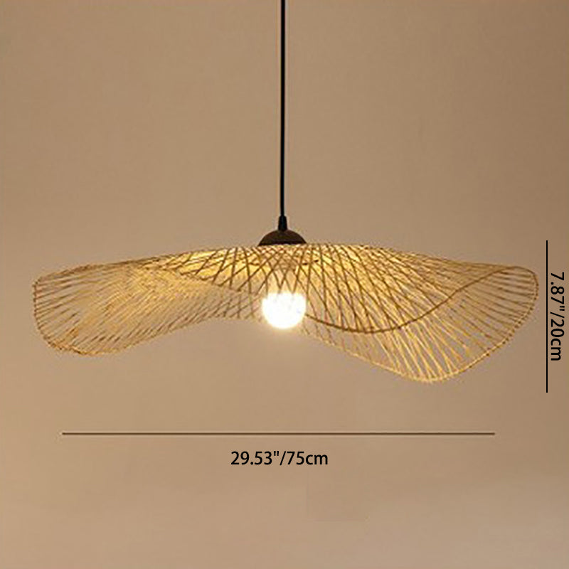 Traditional Chinese Iron Bamboo Weaving Hat Irregular Round Ball 1-Light Pendant Light For Dining Room