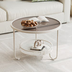 Modern Simplicity Round Striped Glass Slab Metal Coffee Table 2-Tier For Living Room