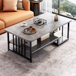 Contemporary Simplicity Rectangular Marble Texture Board Top Coffee Table 2-Tier Storage Shelves For Living Room