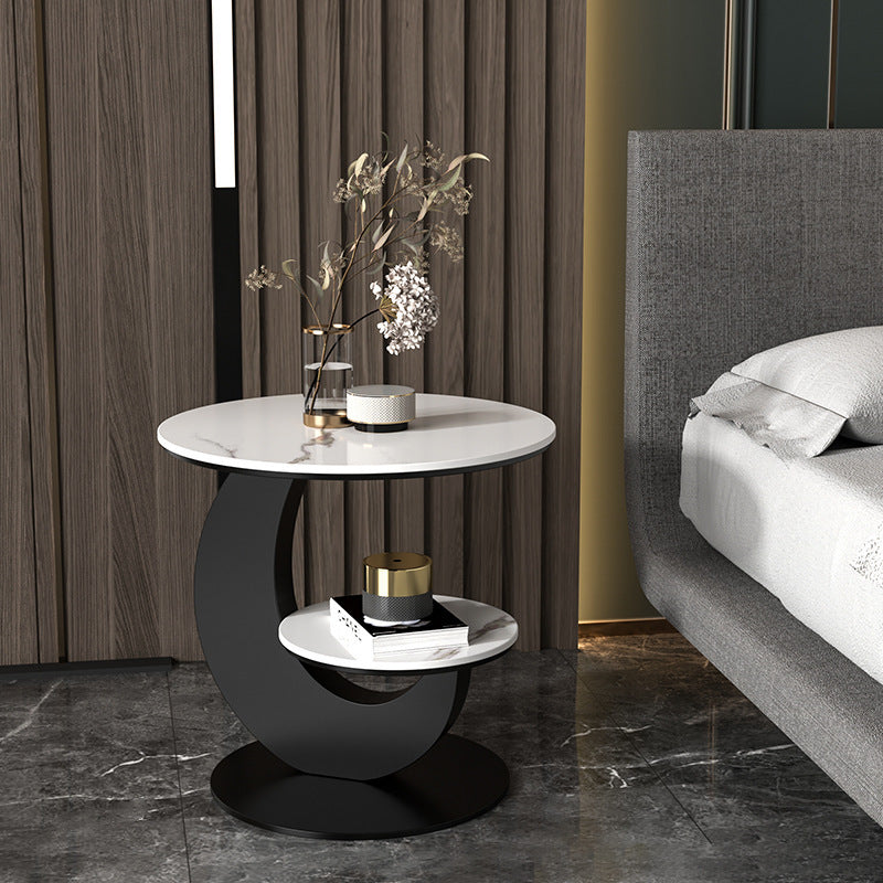 Modern Luxury Round Crescent Moon Frame Slab Carbon Steel End Table 2-Tray For Living Room