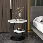 Modern Luxury Round Crescent Moon Frame Slab Carbon Steel End Table 2-Tray For Living Room