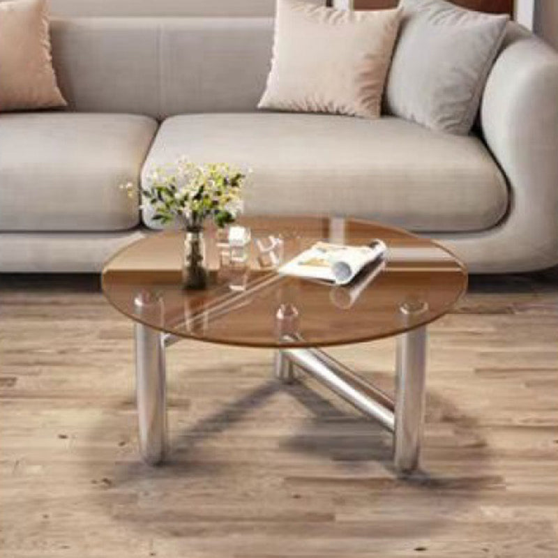 Modern Minimalist Round Cylinder Base Glass Stainless Steel Coffee Table For Living Room