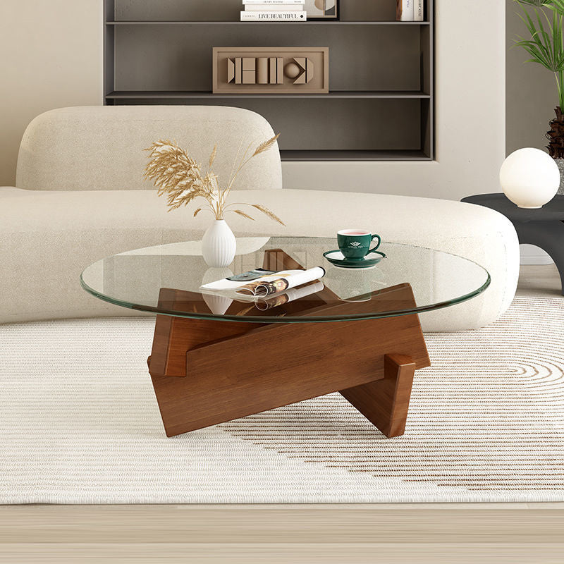 Contemporary Scandinavian Glass Triangular Wooden Base Coffee Table For Living Room