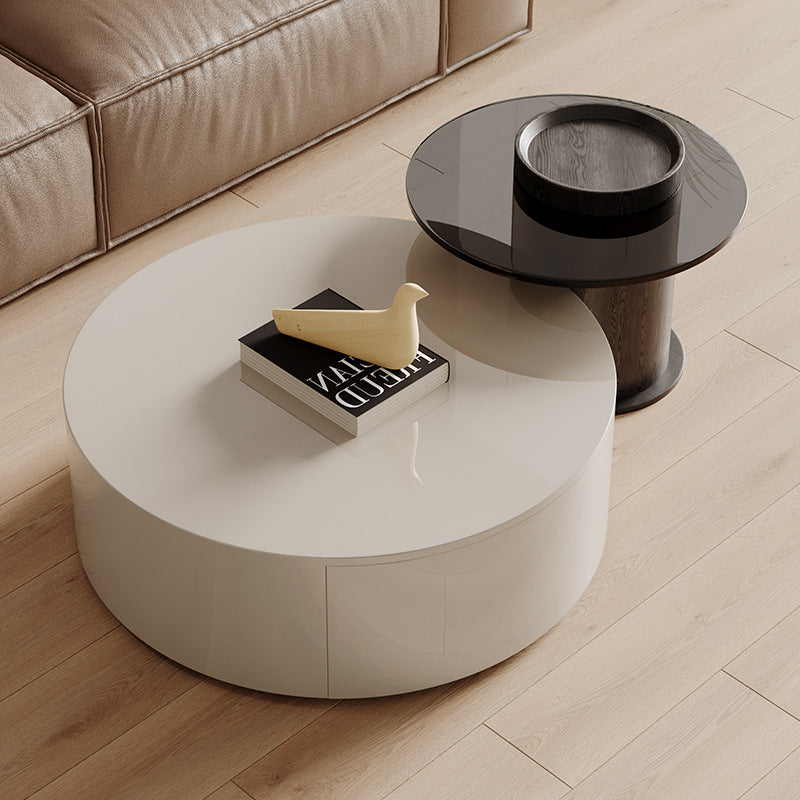 Modern Minimalist Round Slab Wood Metal Glass Coffee Table Set 2-Drawer For Living Room