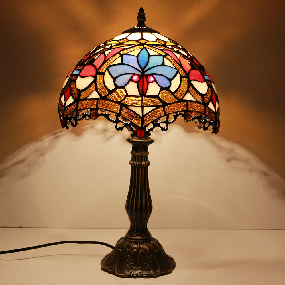 Traditional Tiffany Stained Glass Dome Shade Lotus Alloy Base 1-Light Table Lamp For Bedroom