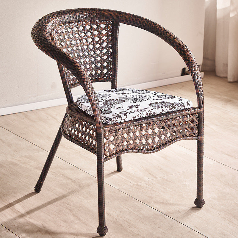 Traditional Vintage Curved Square PE Rattan Iron Wood Dining Chair Backrest Arm For Dining Room