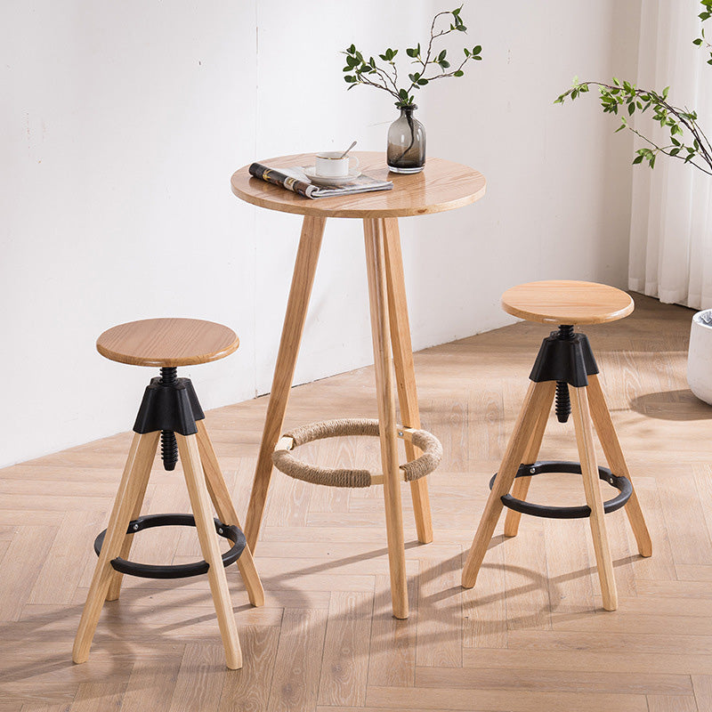 Traditional Vintage Solid Wood Round Nylon Threaded Rod Counter Stool Height Adjustable Swivel  Footrest For Kitchen