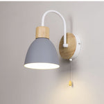 Modern Minimalist Macaron Curved Pole Round Cup Iron Wood 1-Light Wall Sconce Lamp For Bedroom