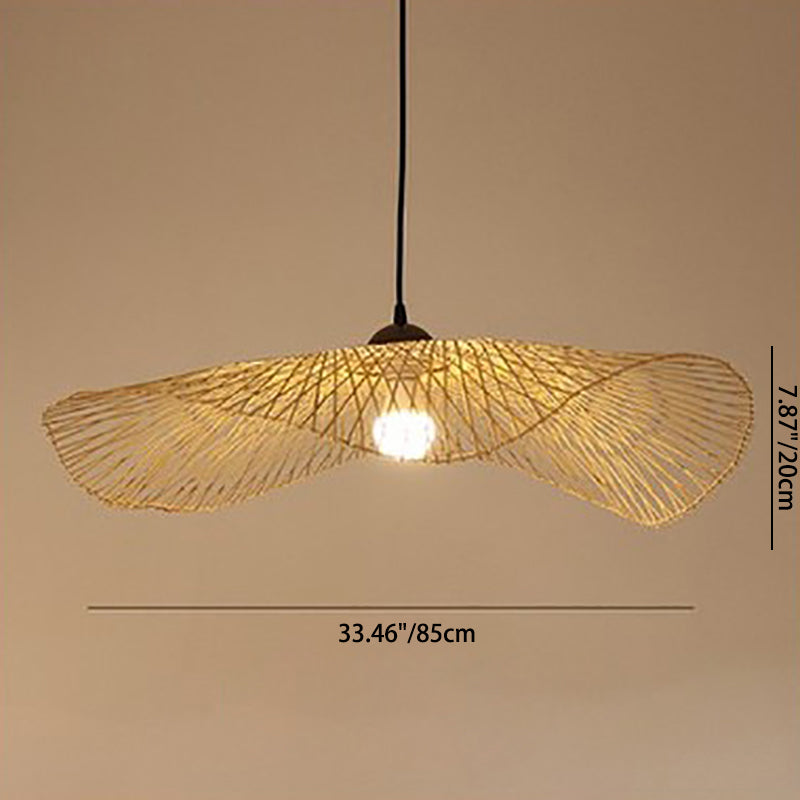 Traditional Chinese Iron Bamboo Weaving Hat Irregular Round Ball 1-Light Pendant Light For Dining Room