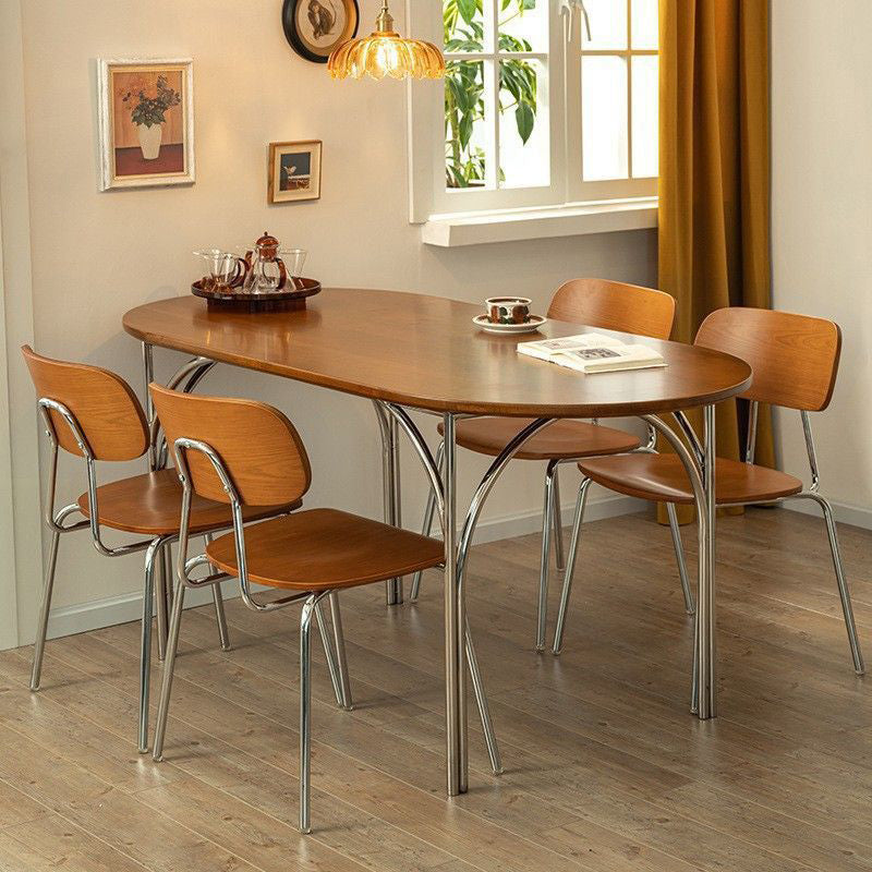 Traditional Vintage Elliptical Pine Ash Wood Stainless Steel Dining Table For 4 Seats