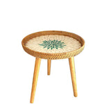 Traditional Rustic Handmade Shell Round Wood Rattan Side Table For Living Room