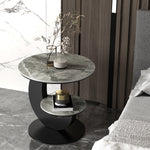 Modern Luxury Round Crescent Moon Frame Slab Carbon Steel End Table 2-Tray For Living Room