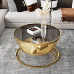 Modern Luxury Round Tempered Glass Coffee Table 2-Tier Storage Shelves For Living Room