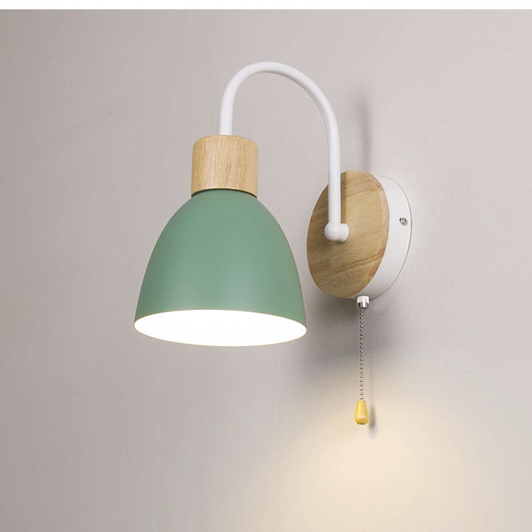 Modern Minimalist Macaron Curved Pole Round Cup Iron Wood 1-Light Wall Sconce Lamp For Bedroom