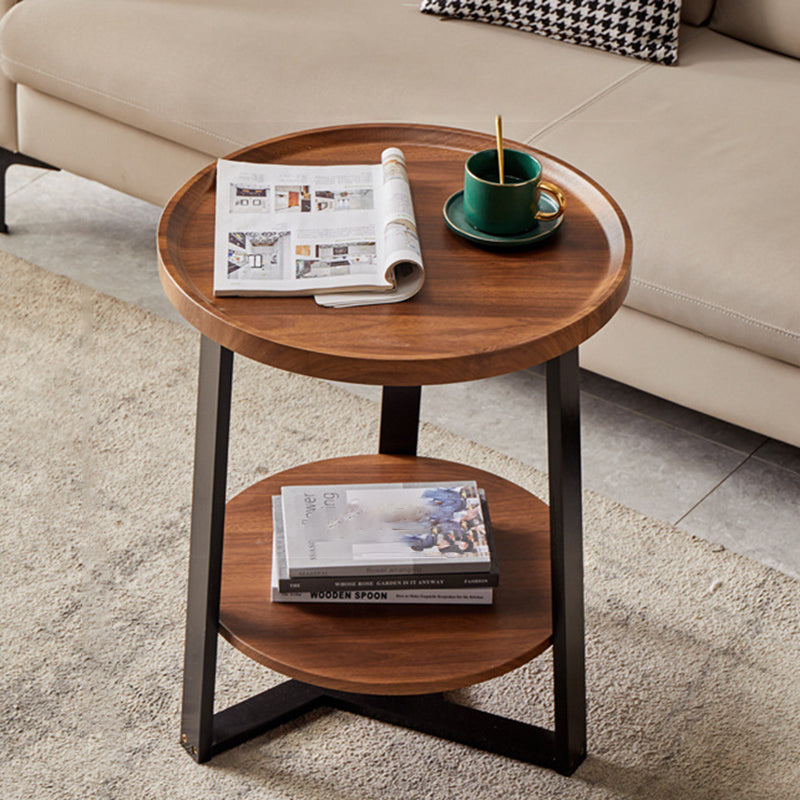 Contemporary Scandinavian Round Wood Iron End Table 2-Tier For Living Room