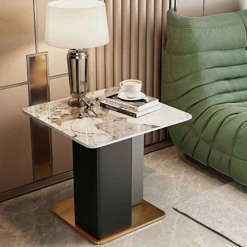 Contemporary Scandinavian Square Column Slate Leather Wood Carbon Steel End Table For Living Room