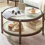 Modern Minimalist Round Solid Wood Glass Rattan Coffee Table 2-Tier For Living Room