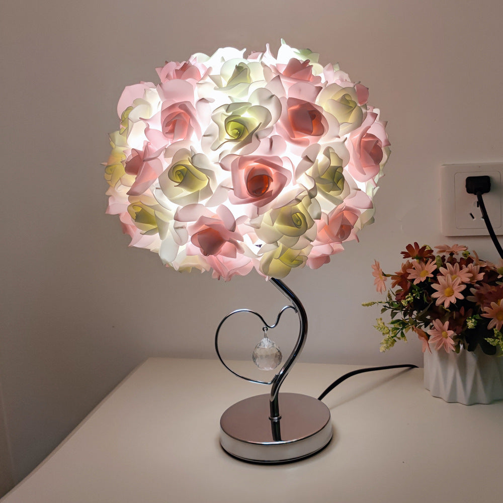 Modern Art Deco Fabric Rose Flower Hardware Base 1-Light Table Lamp For Bedroom