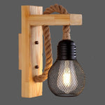 Contemporary Industrial Wood Hemp Rope Iron Glass Cubic Pendant 1-Light Wall Sconce Lamp For Hallway