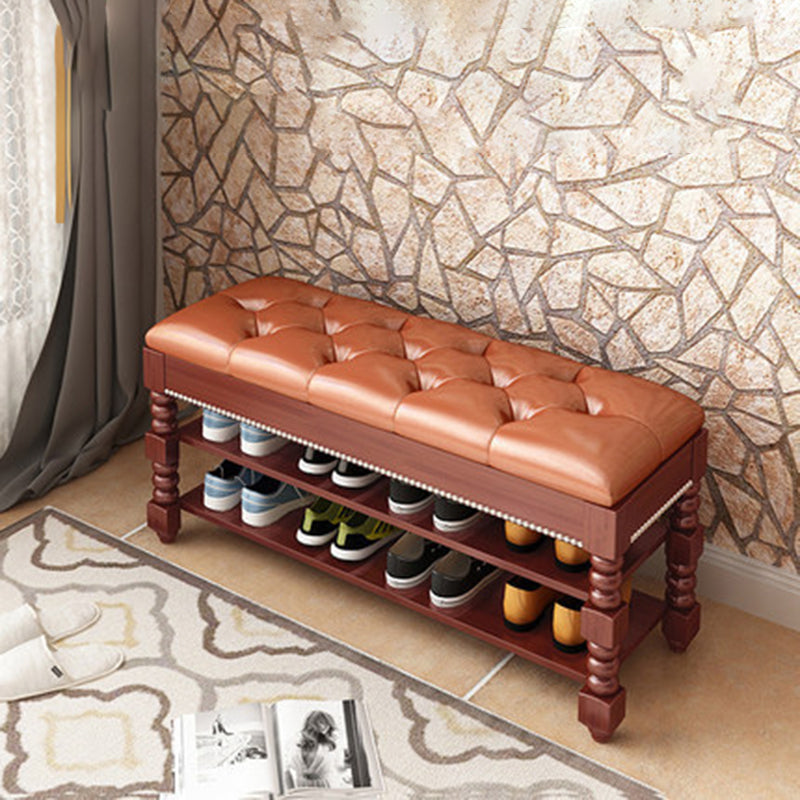 Traditional Vintage Rectangular Round Ball Microfiber Leather Solid Wood Shoe Storage 2-Shelf For Entryways