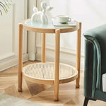 Modern Minimalist Round Horizontal Strip Glass Rattan Wooden Coffee Table 2-Tier For Living Room