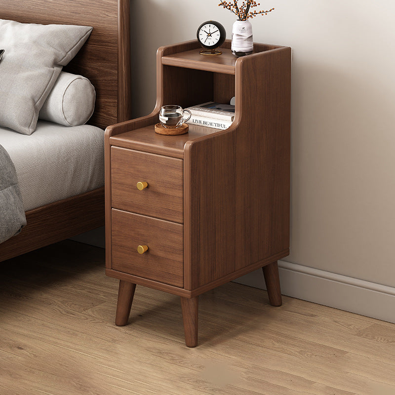 Traditional Chinese Rectangular Wood Density Panel Nightstand 2-Drawer Shelf For Bedroom