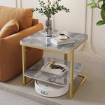 Modern Minimalist Square Rock Slab Metal Side Table 2-Tier For Living Room