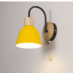 Modern Minimalist Macaron Curved Pole Round Cup Iron Wood 1-Light Wall Sconce Lamp For Bedroom