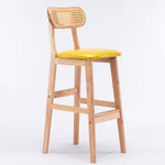 Modern Minimalist PU Leather Rattan Upholstered Rubberwood Counter Stool Open Back Footrest For Kitchen