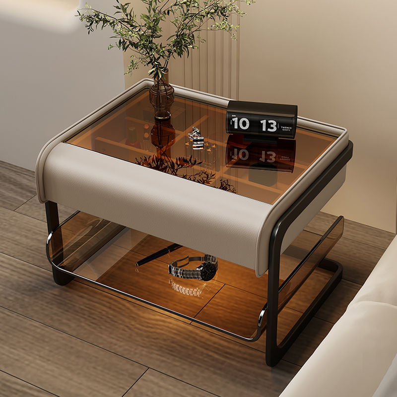 Contemporary Simplicity Smart Sensing Glass Top Wood Side Table 2-Tier Drawer For Living Room