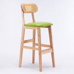 Modern Minimalist PU Leather Rattan Upholstered Rubberwood Counter Stool Open Back Footrest For Kitchen