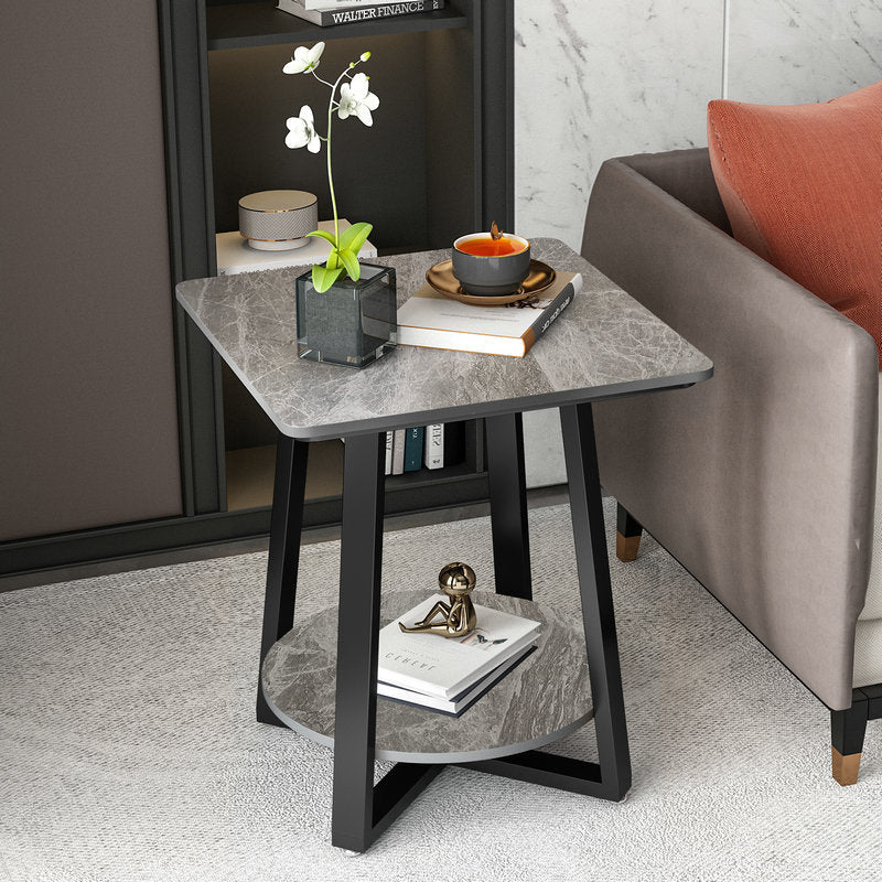 Modern Minimalist Square Round Rock Slab Iron Side Table 2-Tier For Living Room