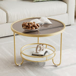 Modern Simplicity Round Striped Glass Slab Metal Coffee Table 2-Tier For Living Room