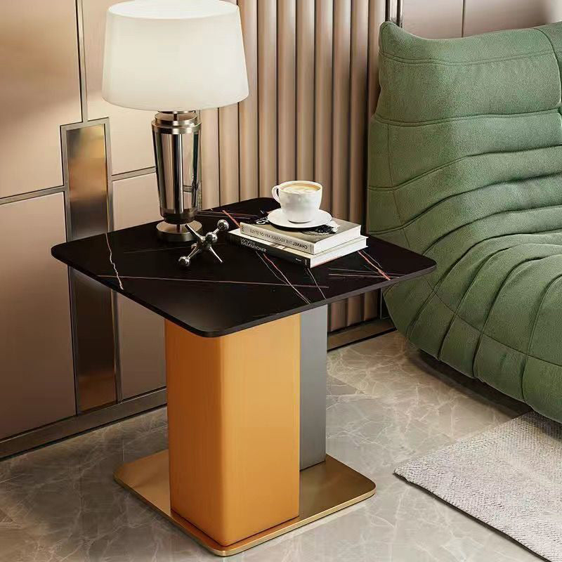 Contemporary Scandinavian Square Column Slate Leather Wood Carbon Steel End Table For Living Room