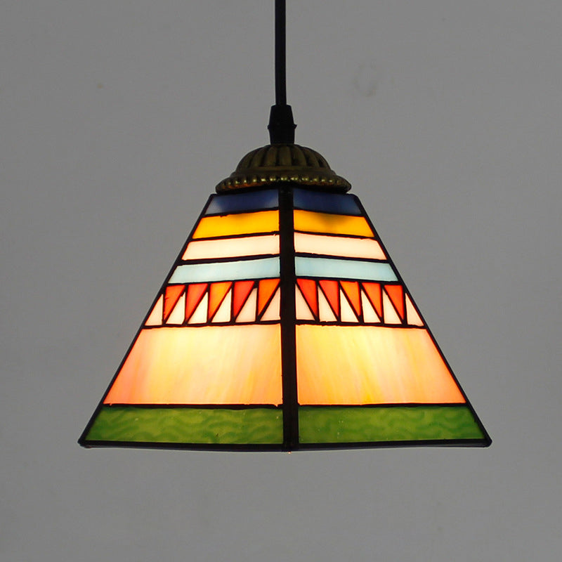 Traditional Tiffany Half Round House Pyramid Iron Glass 1-Light Pendant Light For Bedroom