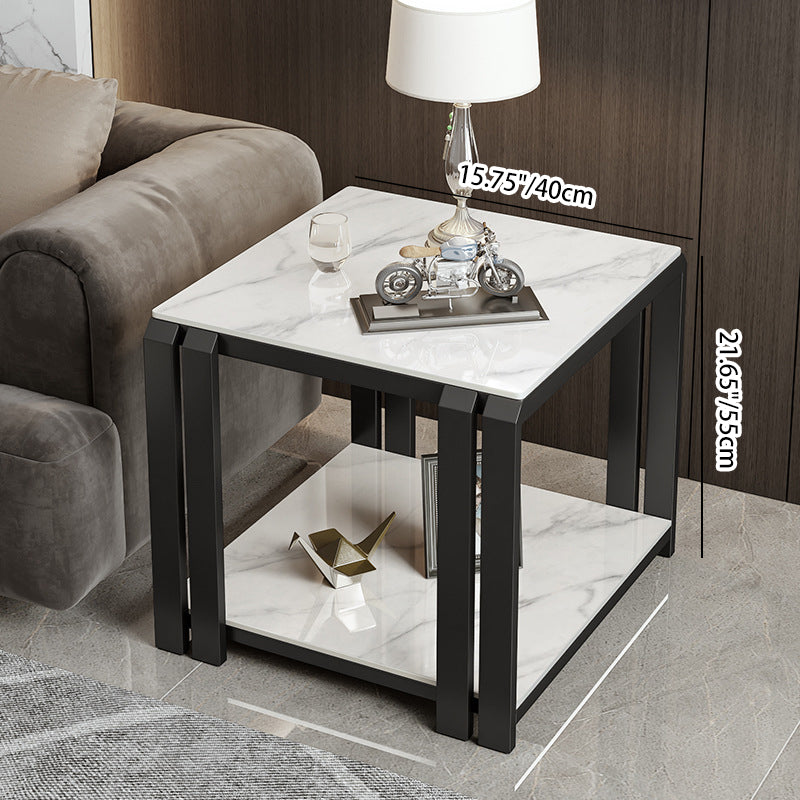 Contemporary Luxury Square Rock Slab Metal Side Table 2-Tier For Living Room