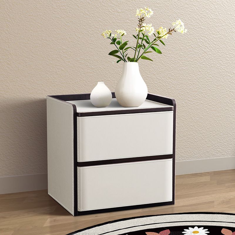 Contemporary Nordic Rectangular Leather Wood Nightstand 2-Drawer For Bedroom