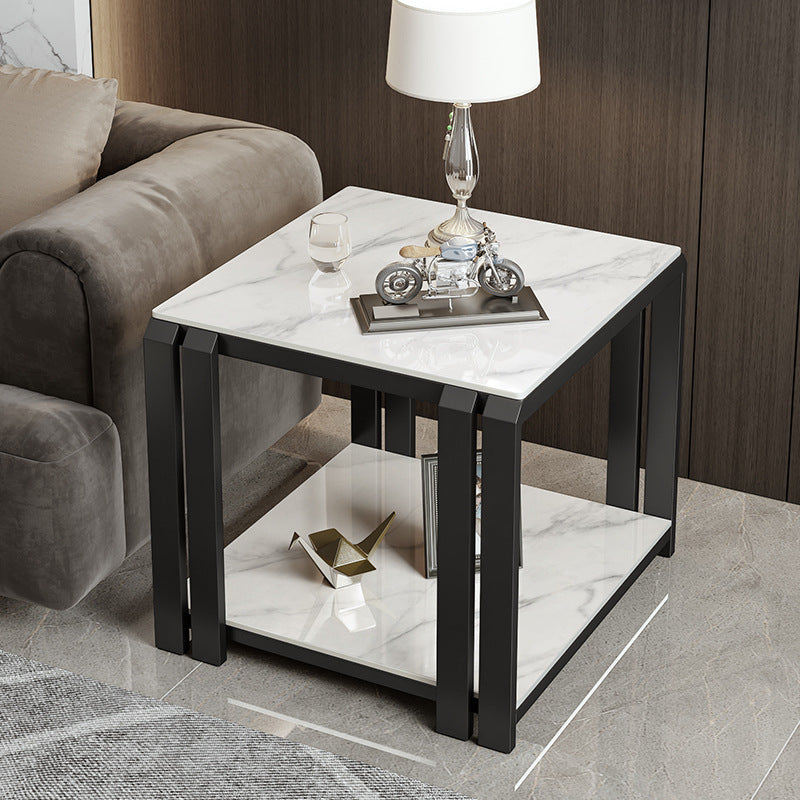 Contemporary Luxury Square Rock Slab Metal Side Table 2-Tier For Living Room