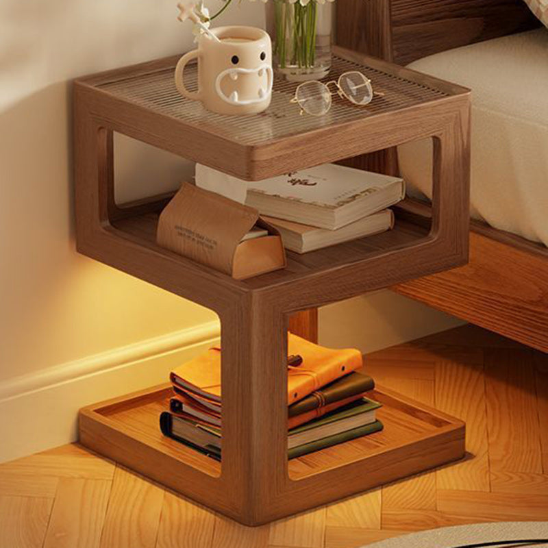 Modern Minimalist Square Rubberwood Glass Nightstand 2-Shelf For Bedroom