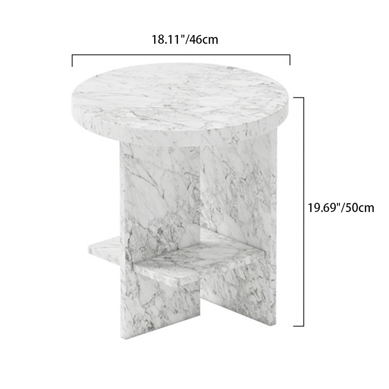 Contemporary Nordic Round Crossed Base Travertine Chrysoprase Side Table 2-Shelf For Bedside