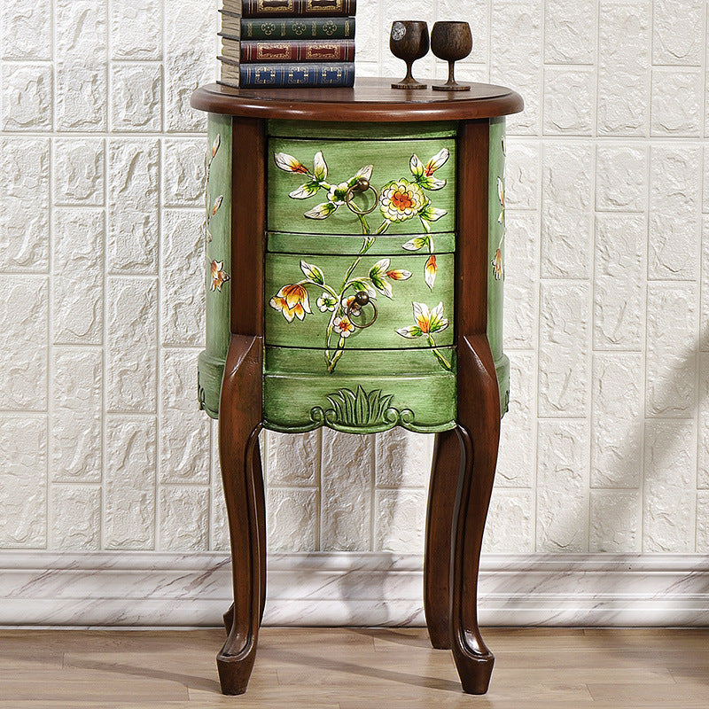 Traditional European Square Round Flower Painted Birch Rubber Wood MDF Metal Side Table 2-Drawer For Living Room