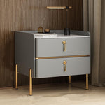 Modern Luxury Rectangular Solid Wood Rock Slab Leather Nightstand 2-Drawer For Bedroom