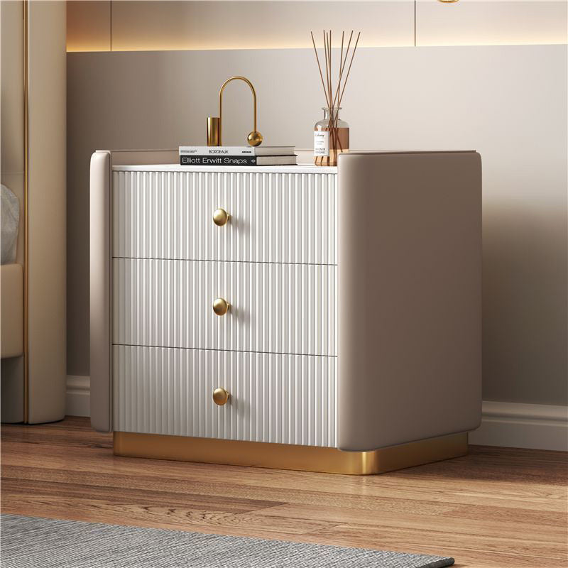 Modern Minimalist Rectangular Round Corner Wood Rock Slab Leather Metal Nightstand 3-Drawer For Bedroom